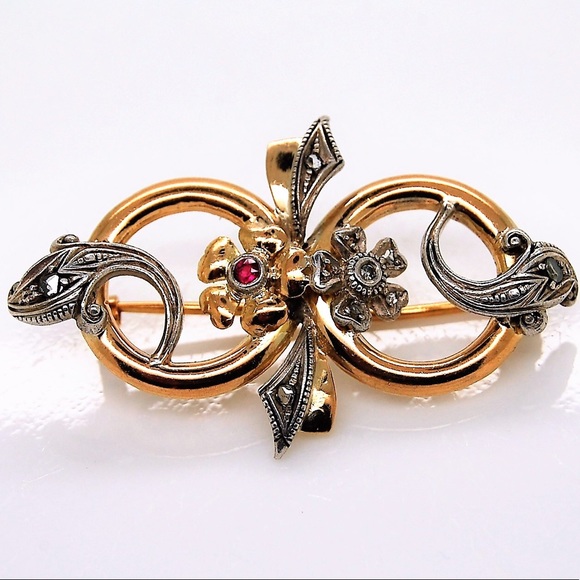 Vintage Solid 14k gold diamonds and ruby brooch - Picture 1 of 8